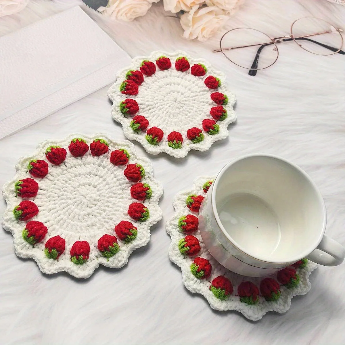 2pcs Handmade Strawberry Crochet Coasters for Protecting Tableware - an Elegant Decoration And Safeguard for Your Table