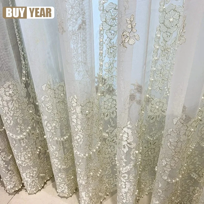 French Romantic Girl Lace Opaque Pearl Embroidered Lace White Screen Curtains for Living Room Bedroom Partition Decoration