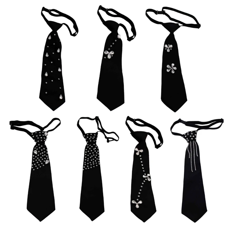 7 Styles Elegant Rhinestones Embellished JK Shirt Tie for Women Men Harajuku Student Uniform Adjustable Pre Tied Black Necktie