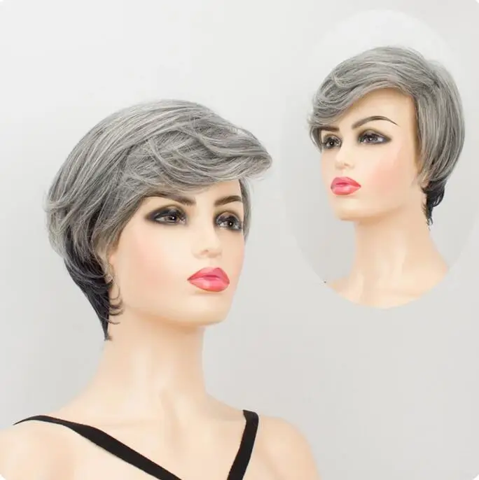 Synthetic Hair Wig wig Black Grey Short Natural Straight  Cut Side Part Layered Haircut wig for white women 7 inches