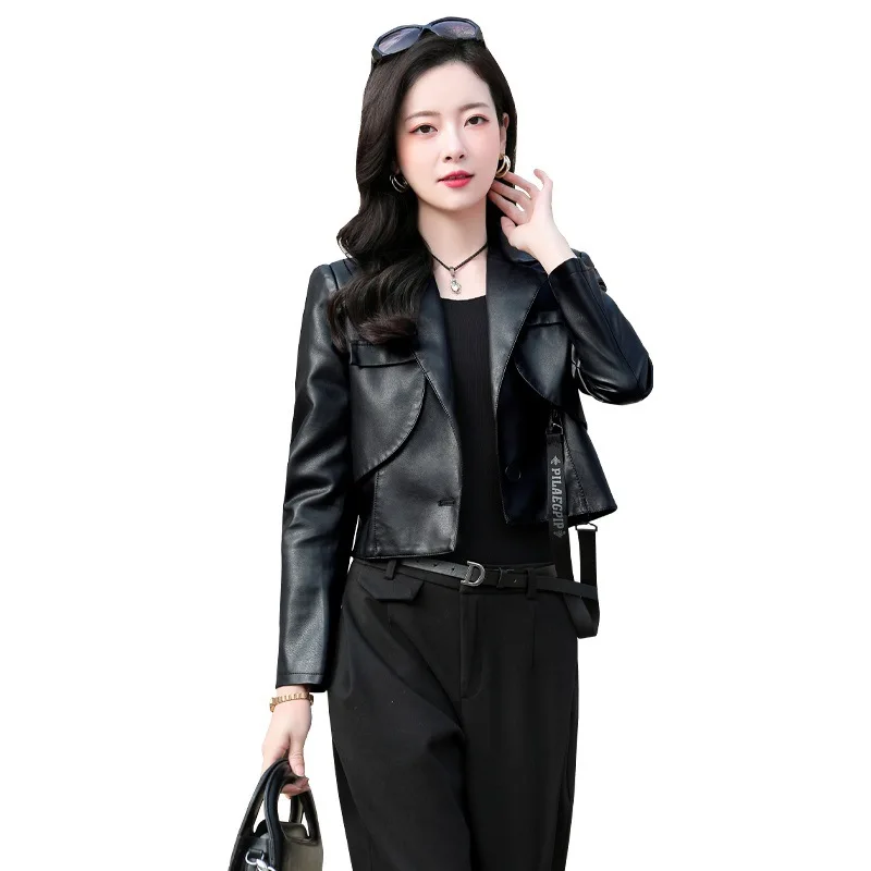 Jaqueta de couro preto roupas femininas 2025 primavera outono novo um botão emendado lapelas motocicleta curto couro do plutônio casaco feminino