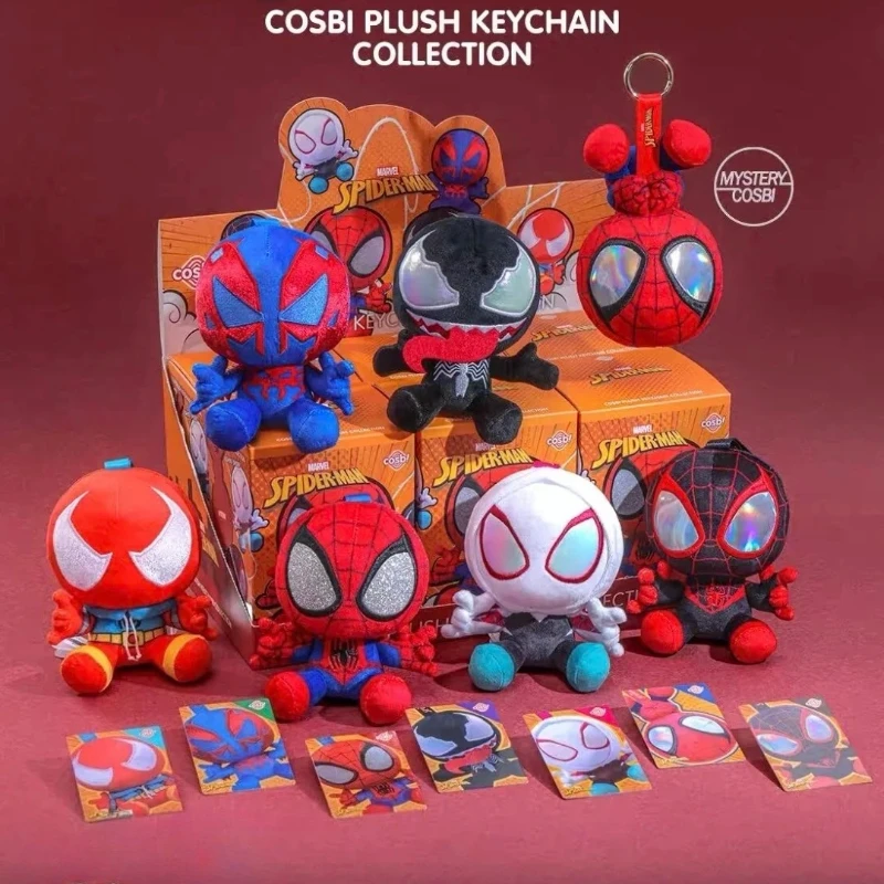 정품 스파이더맨 코스비 키체인 블라인드 박스 귀여운 봉제 액션 피규어 장난감 가방 어린이를 위한 서프라이즈 선물 미스터리 박스 데스크탑 장식품