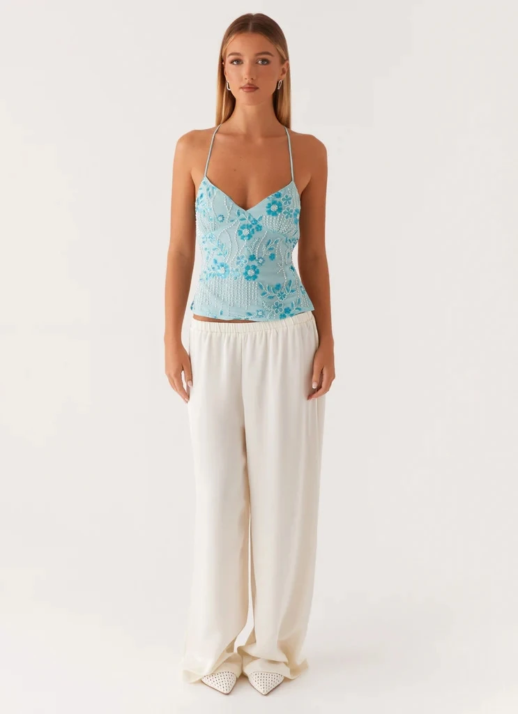 섹시한 자수 스팽글 조끼 스파이시 걸 스트랩 탑 오리지널 디자인 슬림 핏 숏 스타일 플로럴 패턴 여름 나이트클럽 파티 탑