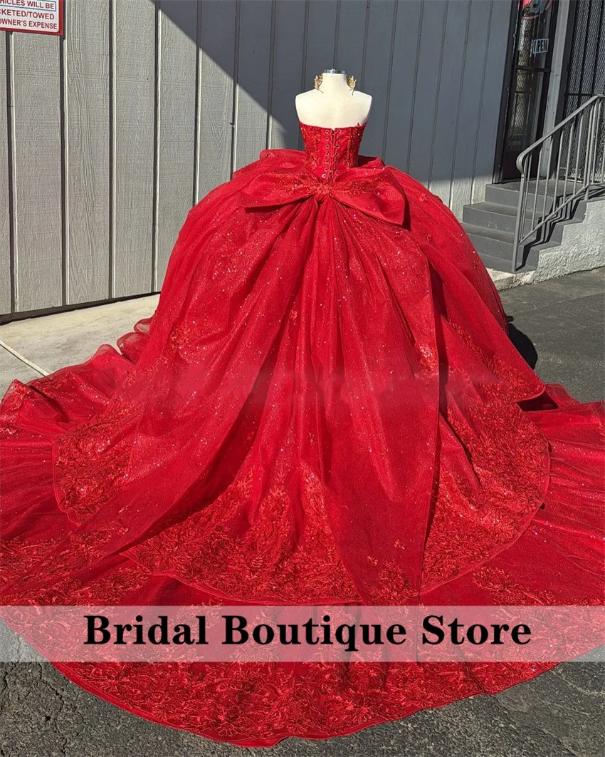 Vestidos de quinceañera con escote en forma de corazón rojo de lujo, vestido de baile con lazo, Apliques de encaje, cuentas, Tull de cristal, vestido mexicano dulce 16 personalizado