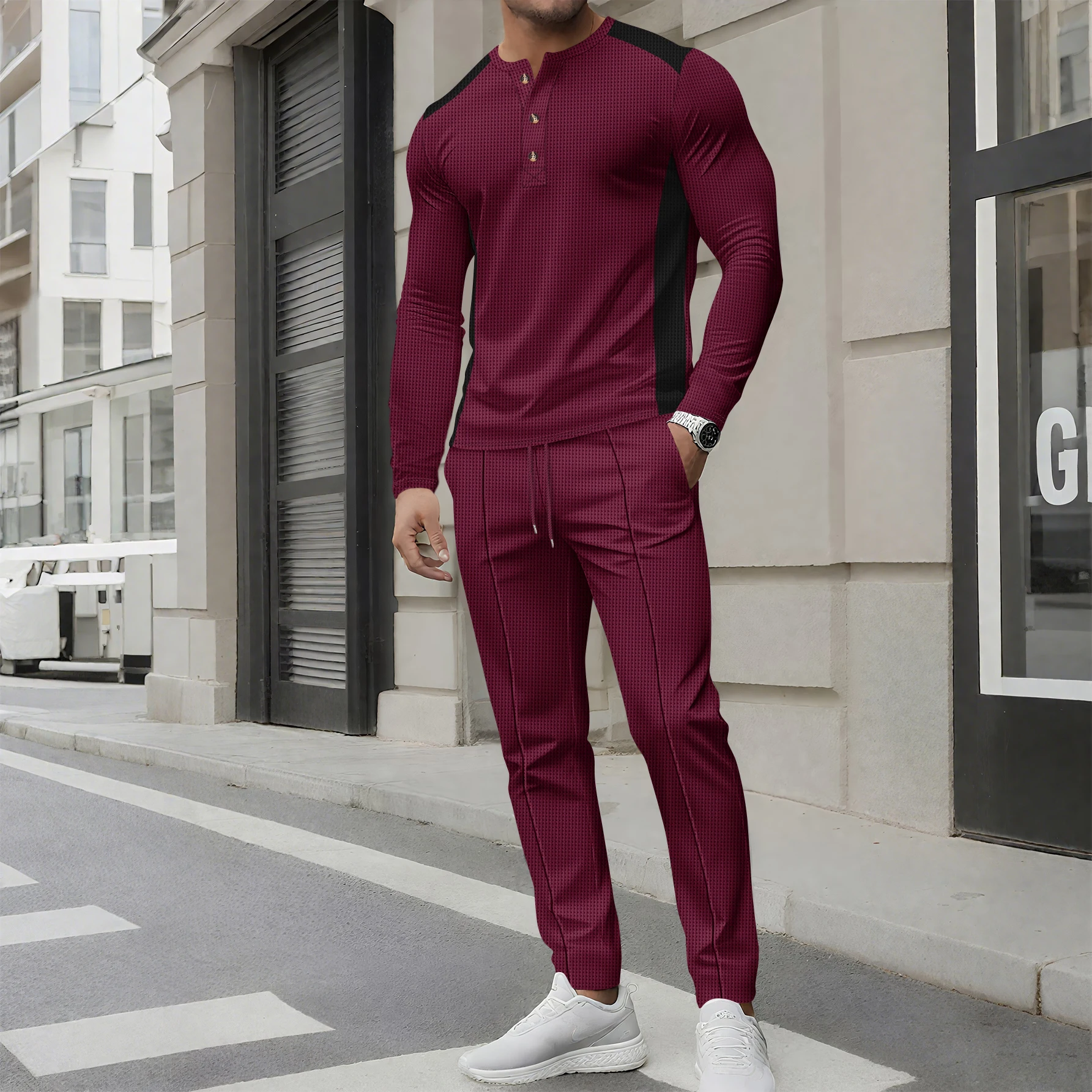 Ensemble de survêtement 2 pièces en tricot gaufré contrasté pour homme |   Ensemble chemise Henley à manches longues et pantalon à cordon de serrage |   Tenue décontractée et confortable