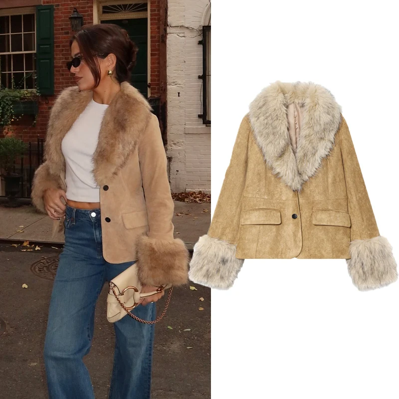 

2025 зимний женский пиджак с отделкой из искусственного меха, элегантная замшевая приталенная куртка, модная теплая верхняя одежда, роскошный стиль, короткое пальто