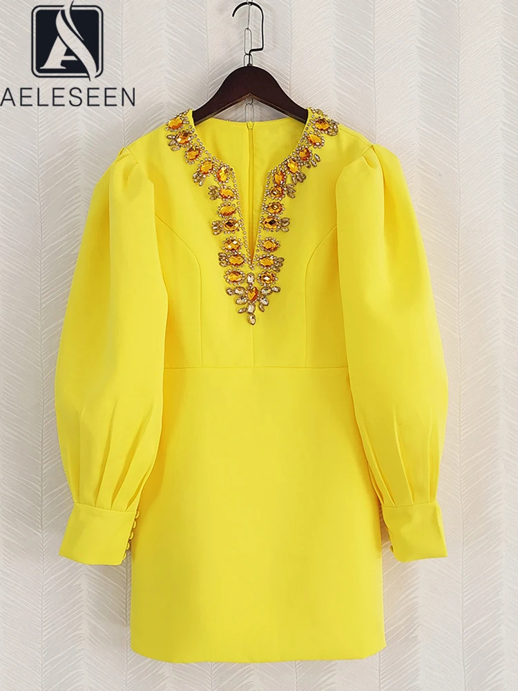 

AELESEEN Sexy Mini Yellow Dress For Women Designer Fashion Spring Summer Lantern Sleeve V-Neck Diamonds Casual Holiday Vacation