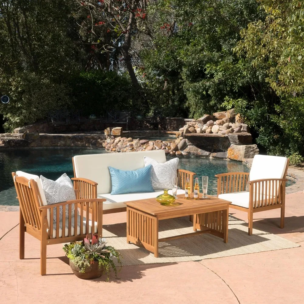 Carolina Outdoor Acacia Sofa Set, 4-Pcs Set, Brown Patina + Cream Cushion