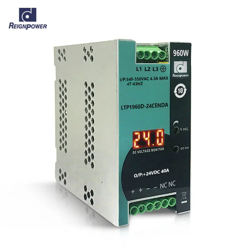 

Reignpower 960W 24V 40A 3 Phase 960w High Power Supply 24V Digital Display Rail Switching Supply DC Regulated Power Supply