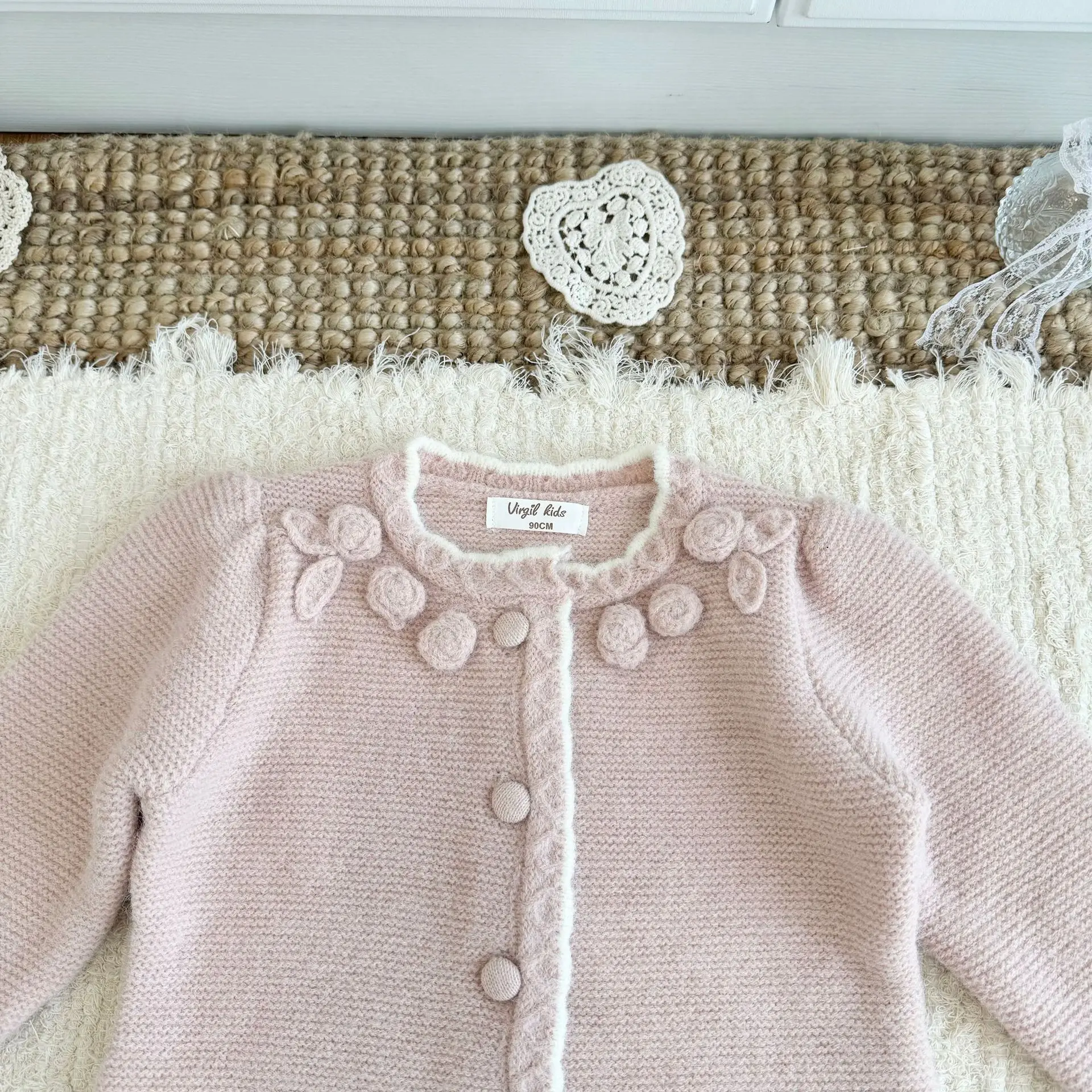 Pink Series Sweater Girls Yarn Jacket Girls Handmade Flower Decoration Single Breasted Soft Solid Color Sweater Jacket