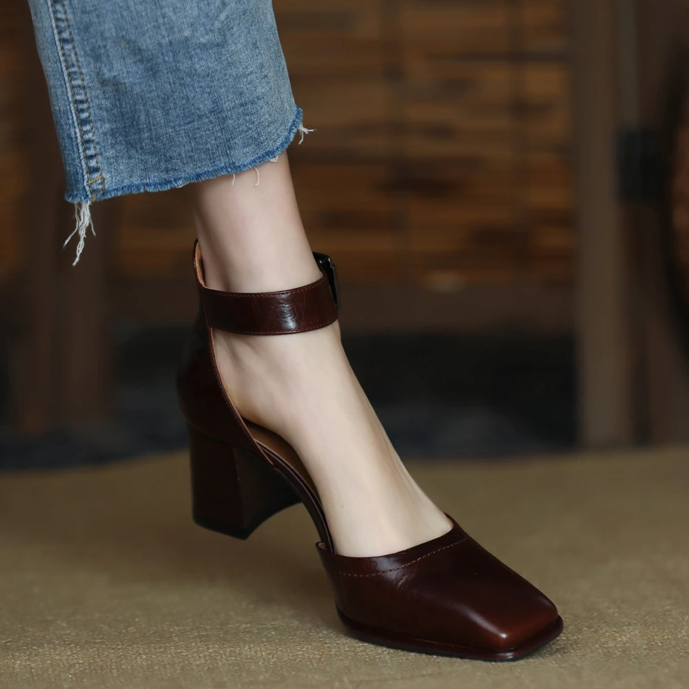 One Strap Ladies Retro Shoes Cowhide Woman Spring Buckle Pumps Thick Heel Women Shoes On Heel French Style Summer Sandals
