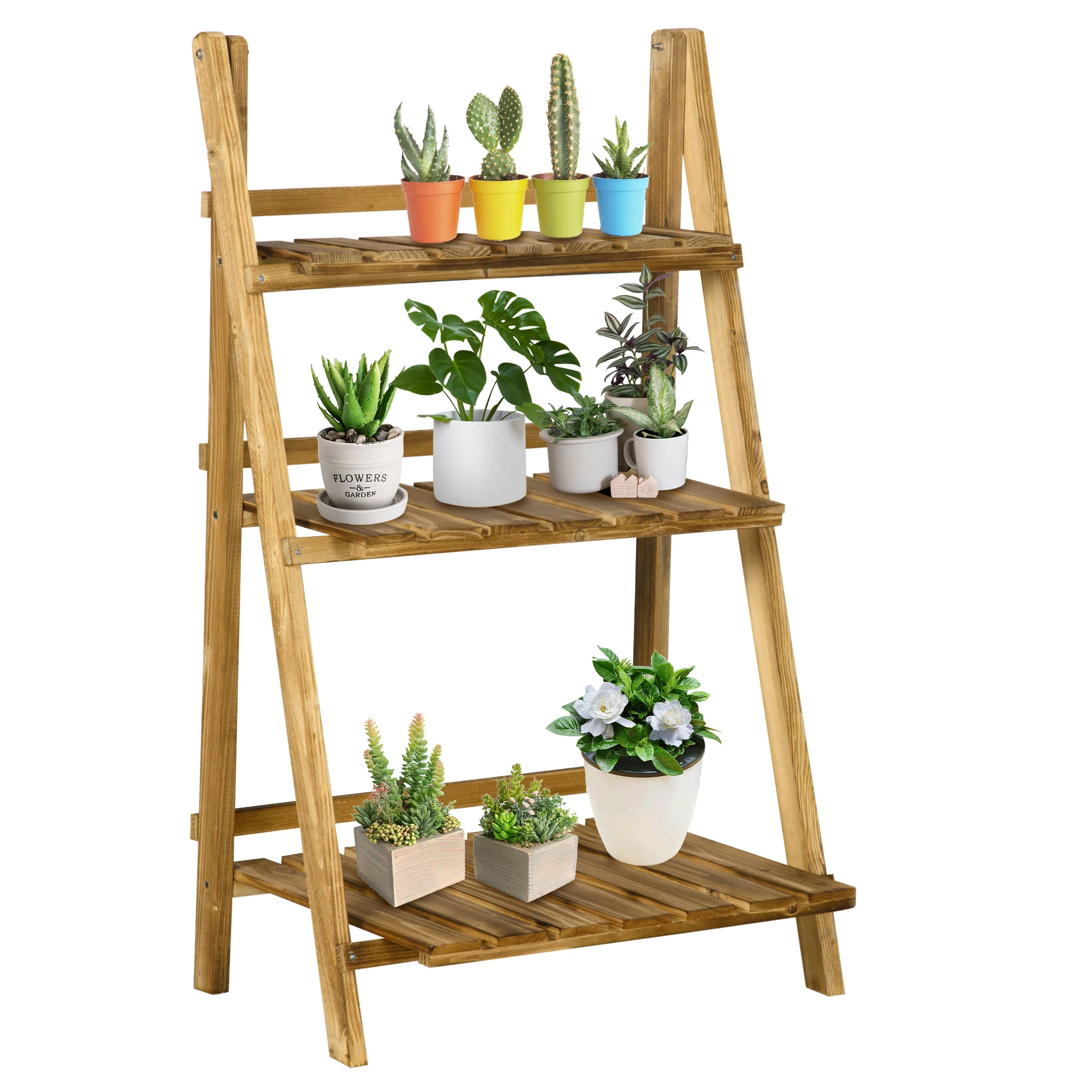 Outsunny 3-tier plant stand foldable indoor and outdoor wood potting Holder 60x37x93 cm Natural