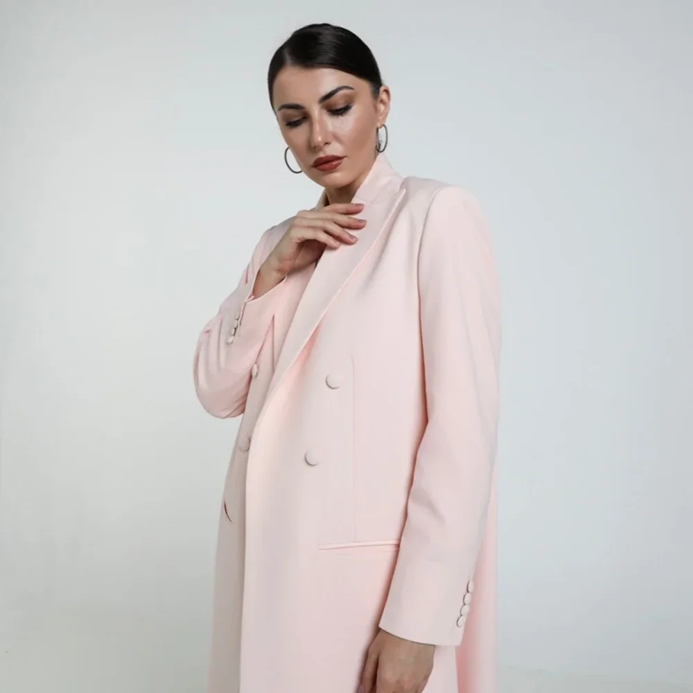 Blazer Abaya elegante feminino, lapela de pico, trespassado duplo, casaco longo monocromático, formal, diário, casual, básico, rosa, moda, 1 peça