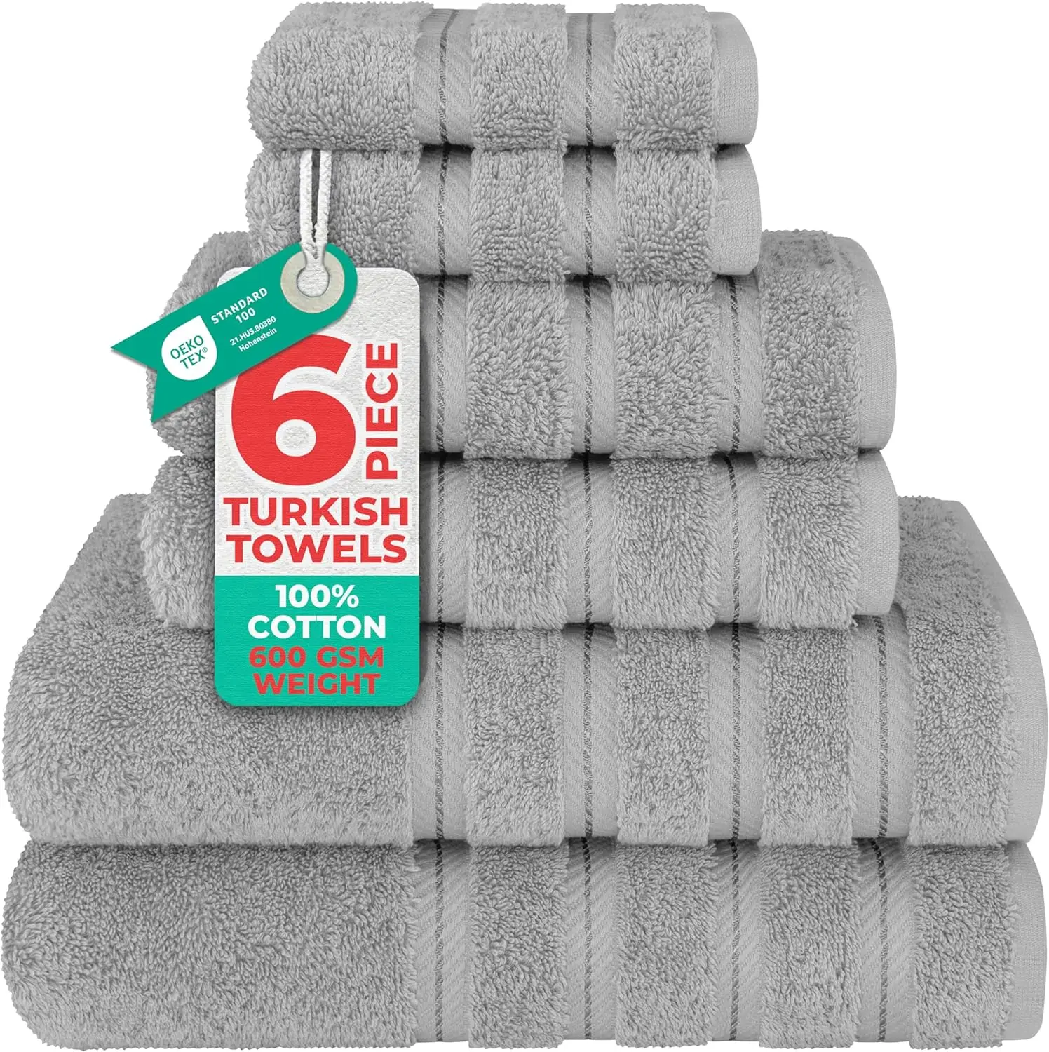 

600 GSM 100% Cotton Turkish Towel Set, 6 Piece Luxury Soft Linen for Bathroom, Light Grey