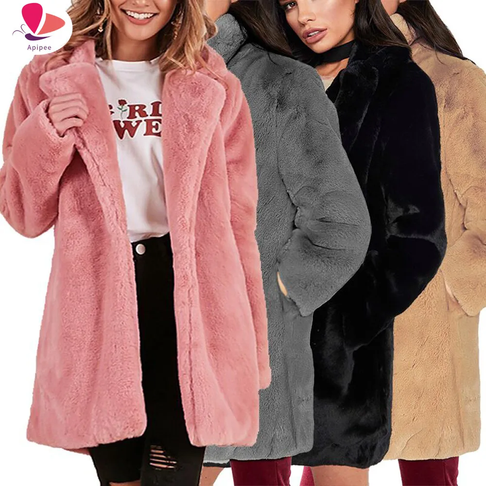 Verdicken Kunst pelz Mantel Frauen Herbst Winter warm weich locker Fleece Faux Jacke Dame mittellange Revers h lässigen Mantel