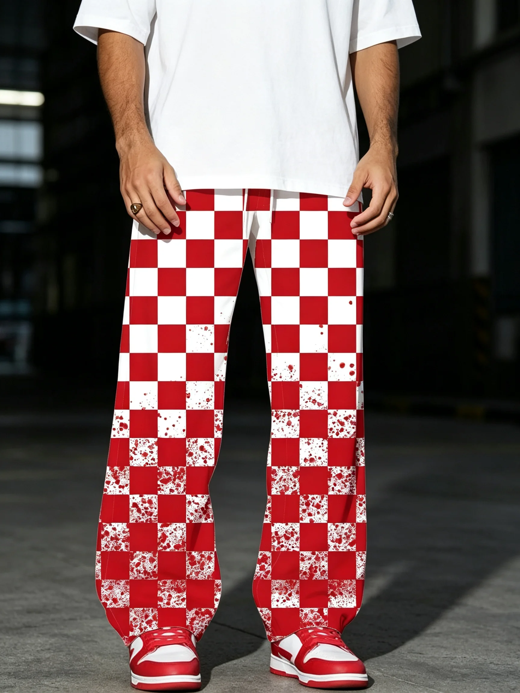 Blood Plaid Frenzy. Casual Style Printed Wide-leg Straight-leg Long Pants, Home Wear Long Pants Pajamas.