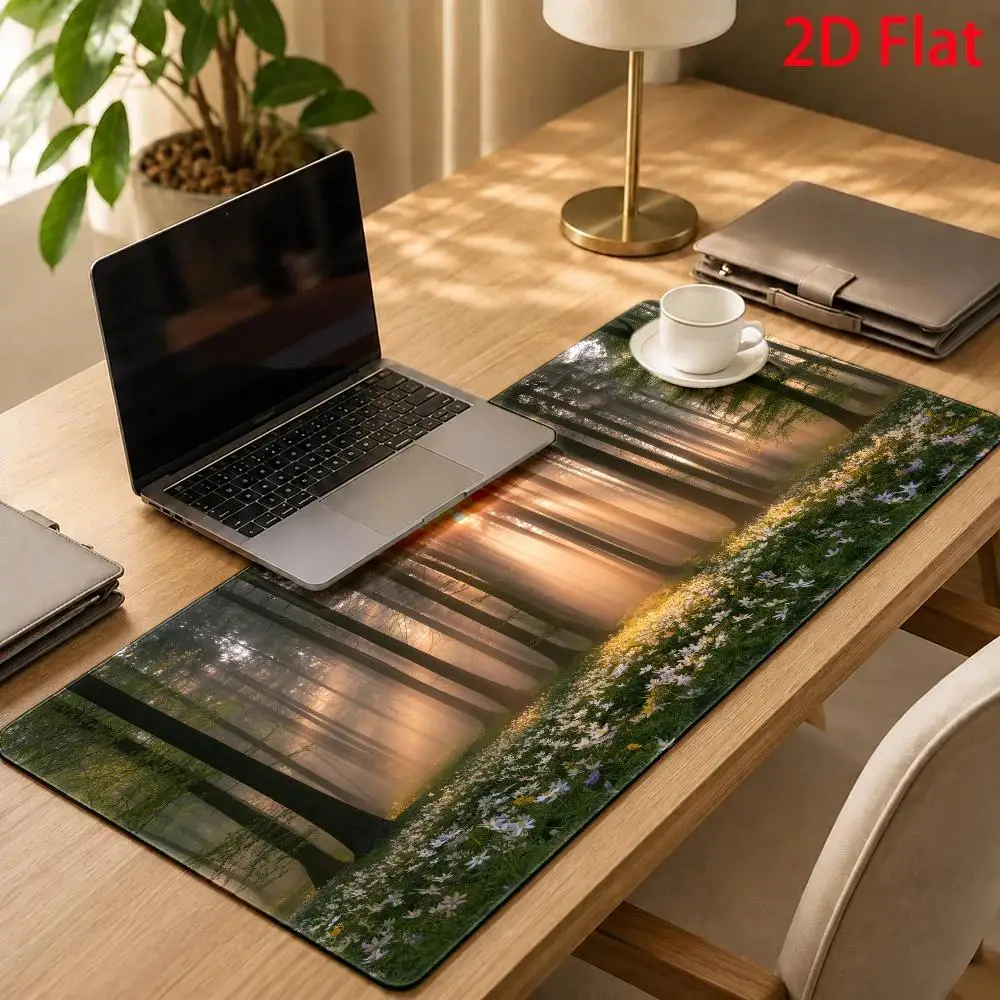 Large Sunlit Forest Meadow Mouse Pad and Desk Mat - Minimalist sunlit forest design, suitable for home office and gaming