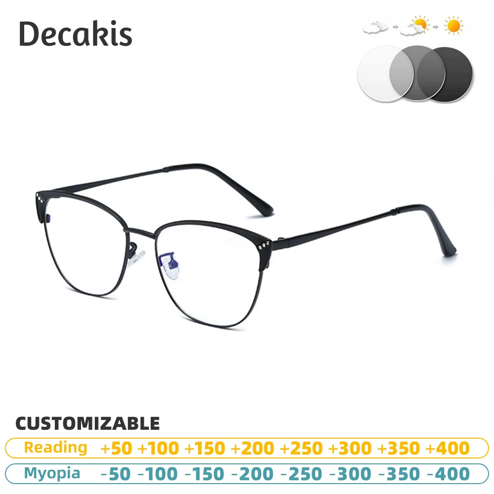 

Women Metal Reading Glasses Fashion Cat Eye Photochromic Sunglasses Resin Optical Myopic Eyeglass Custom Prescription Spectacles