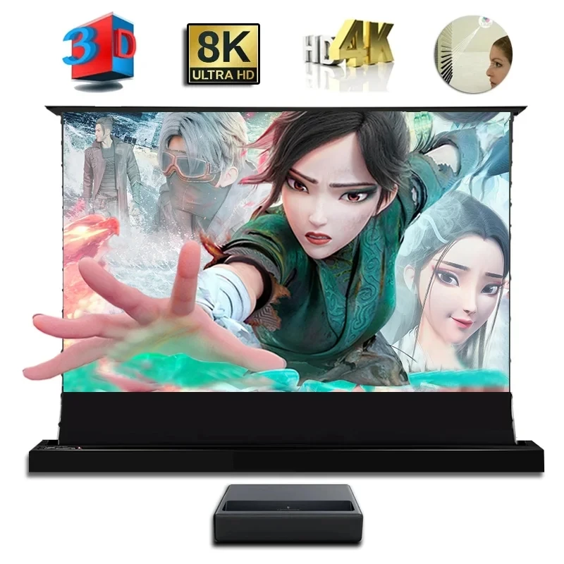 Новинка 2024, напольный Наклонный экран с электрическим язычком, поднимающийся экран, окружающая ткань, отклонение, моторизированный для лазерного проектора UST 4k, занавеска