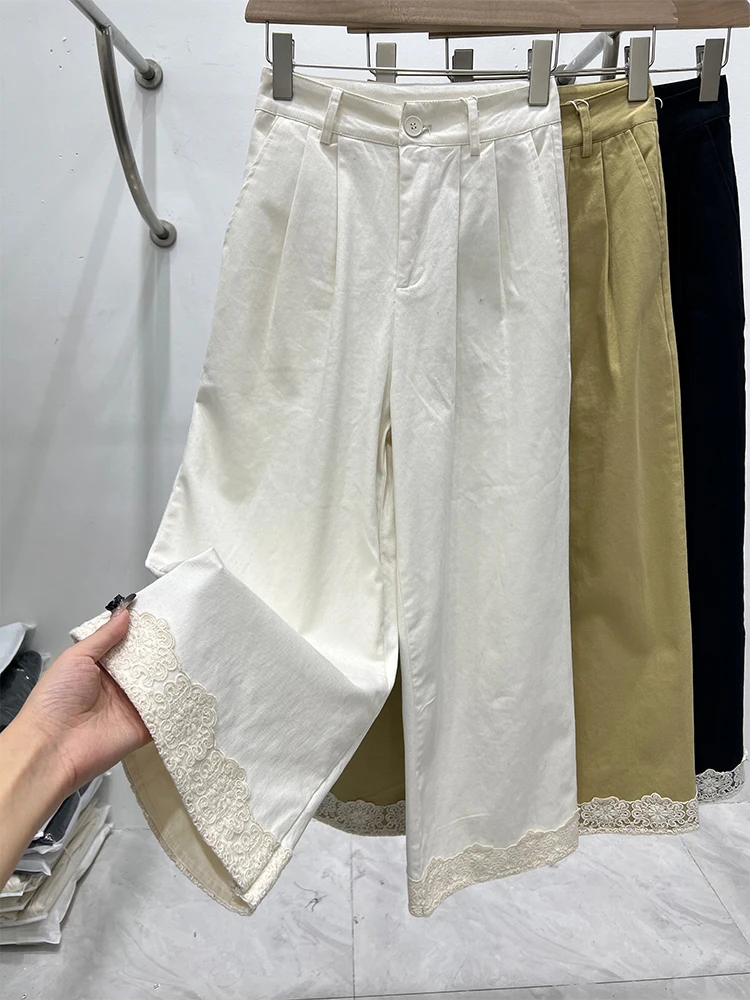 

Женские летние свободные брюки с высокой талией, кружевной отделкой и широкими штанинами, из хлопка и льна, прямого кроя, для повседневной носки