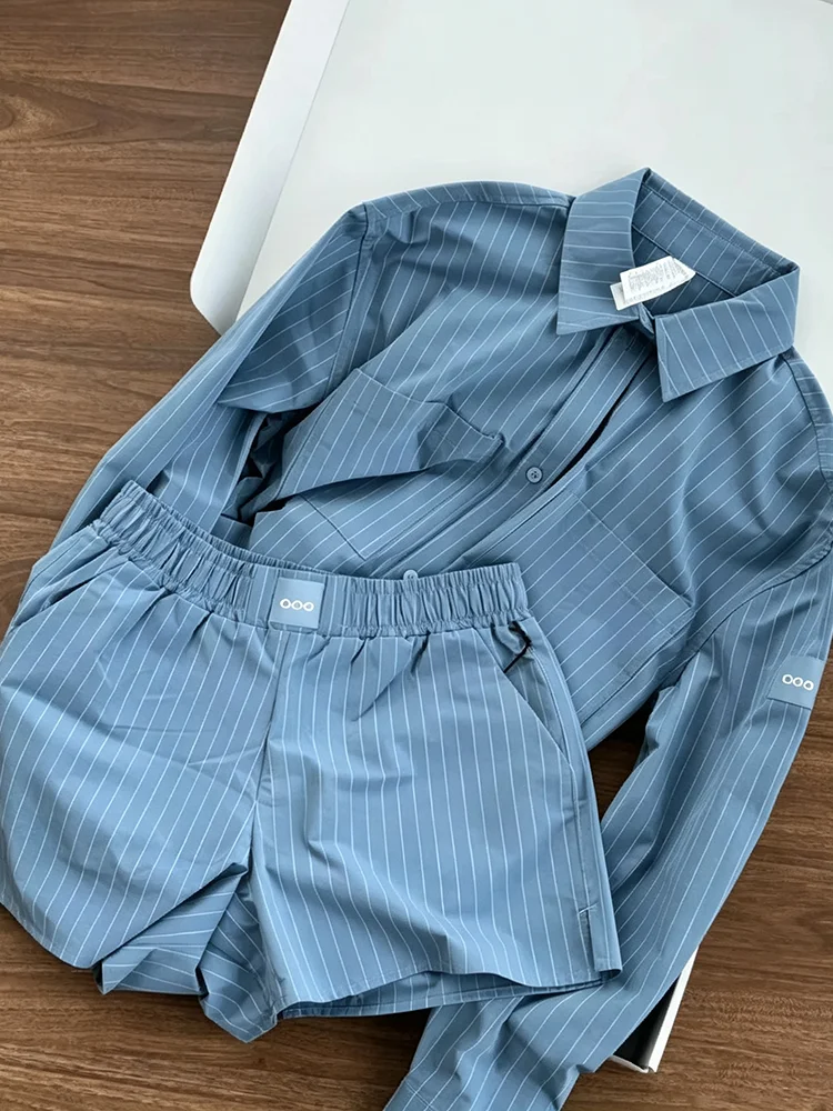 Women Two Piece Set Summer Outfit Striped Long Sleeve Shirt Sunscreen UV Protection Versatile Casual Shorts
