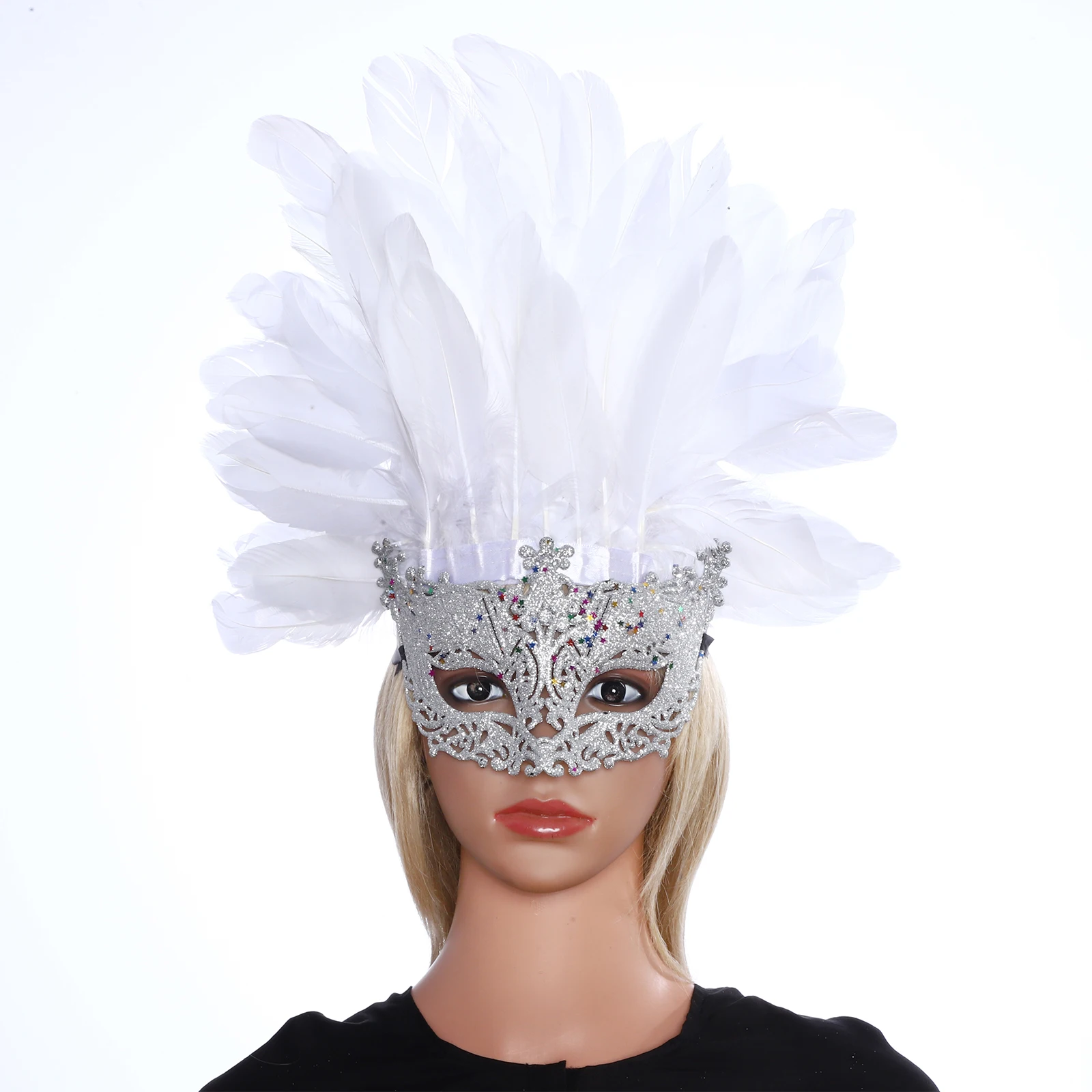 

Elastic Strap Feather Headgear Unisex Glittery Self-tied Ribbon Mask Party Props Set Halloween Masquerade Cosplay Head Accessory