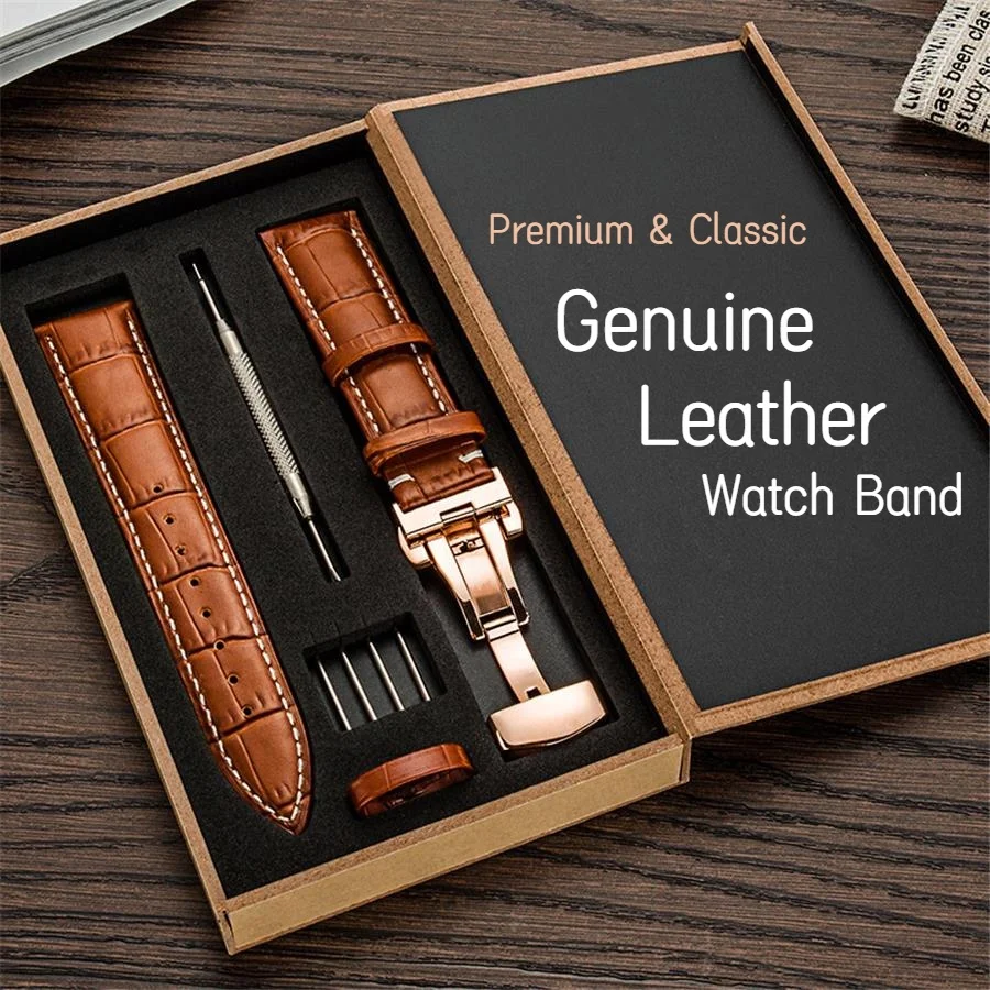 Premium Genuine Leather Watch Band 12-24mm Classic Leather Wristband Strap 20mm Butterfly Clasp Watchband Replacement Bracelet