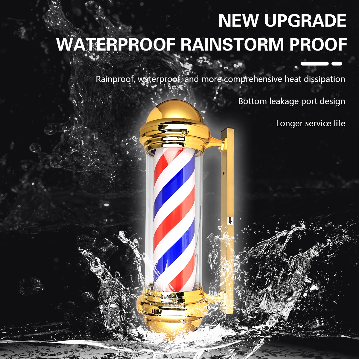 Barber Pole LED Light Classic Style Hair Salon Barber Shop Open Sign Spinning Red White Blue Stripe Light Sign Gold Color