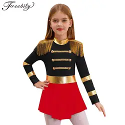 Kids Girls Circus Ringmaster Costume Lion Tamer Bodysuit Magician Showman Fringe Jumpsuit Halloween Carnival Performance Outfit