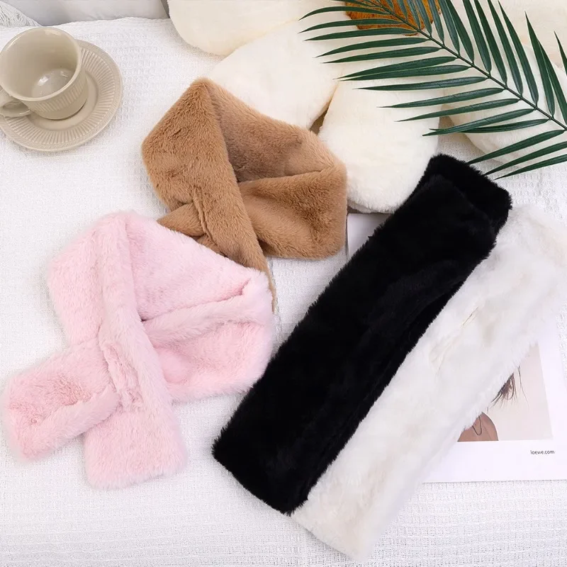 Solid Faux Rabbit Fur Scarfs Women Winter Thicken Warm Cross Collar Faux Scarfs Trendy Elegant Warm Soft Comfortable Plush Scarf