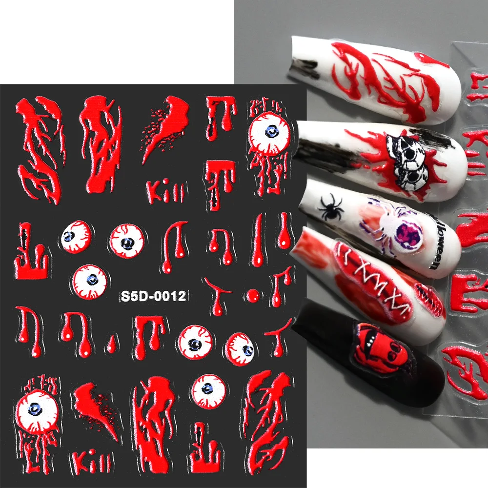 Autocollants 5D pour Nail Art, 1 pièce, décalcomanies adhésives à design de dessin animé d'Halloween, main de squelette/sang/araignée/Aliments, curseur de manucure #