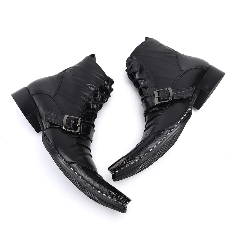 Men\'s Ankle Boots Buckle Strap Decoration Metal Pointed Toe Business Genuine Leather Zipper Cowboy Motorcycle Boots