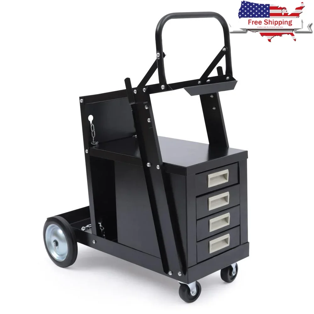 Welder Cart 4 Drawers Mobile Welding Plasma Cutter Tank Storage TIG MIG Handle Trolley