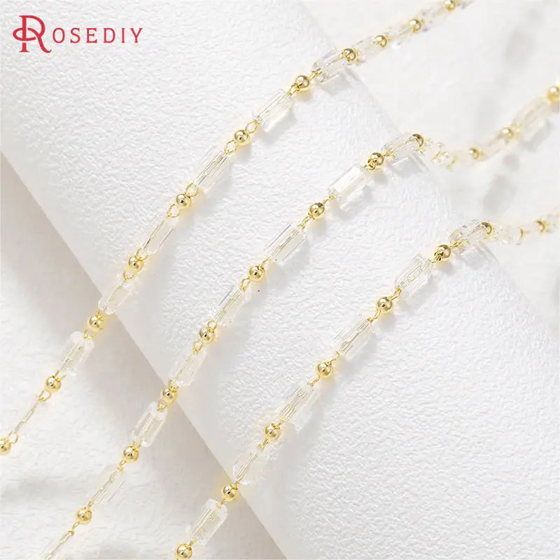 1 Meter 18K Gold Color Brass and Glass Cuboid Beads Chains Necklace Chains Jewelry Making Supplies Diy Accessories