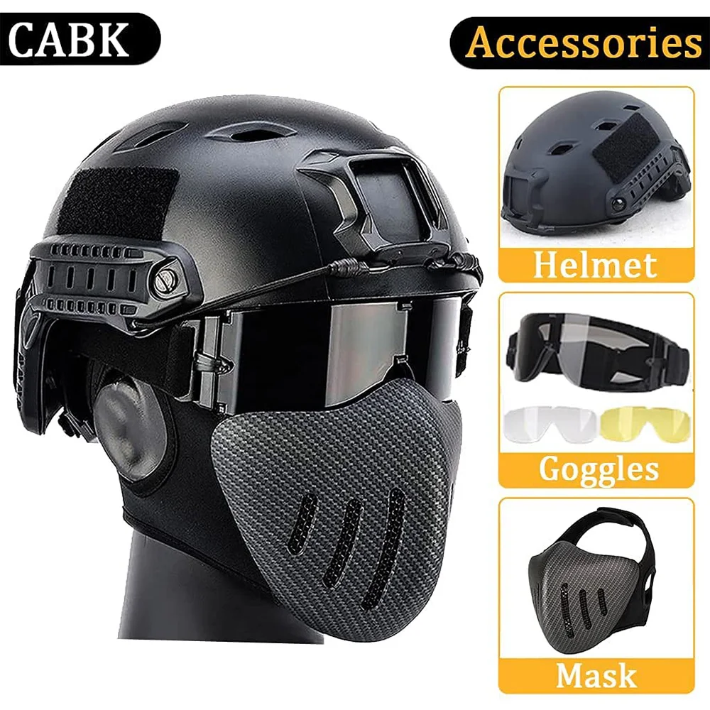 Airsoft Mesh Breathable Protective Half Mask, Tactical Airsoft PJ Helmet Set with Outdoor Protective Three-Color Goggles