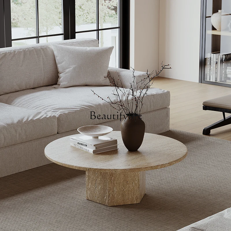 

Italian minimalist marble round travertine coffee table light luxury high-end low table