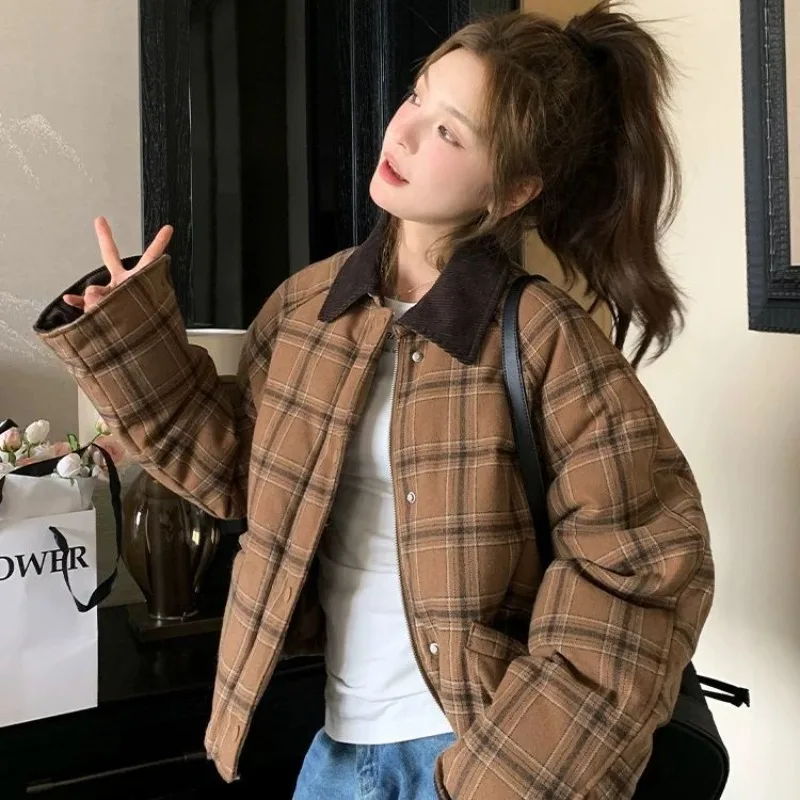 

American Retro Plaid Warm Cotton Jacket 2025 Winter New Korean Version Women Coat Thick Short Anti Cold Clothing Trend Commuting