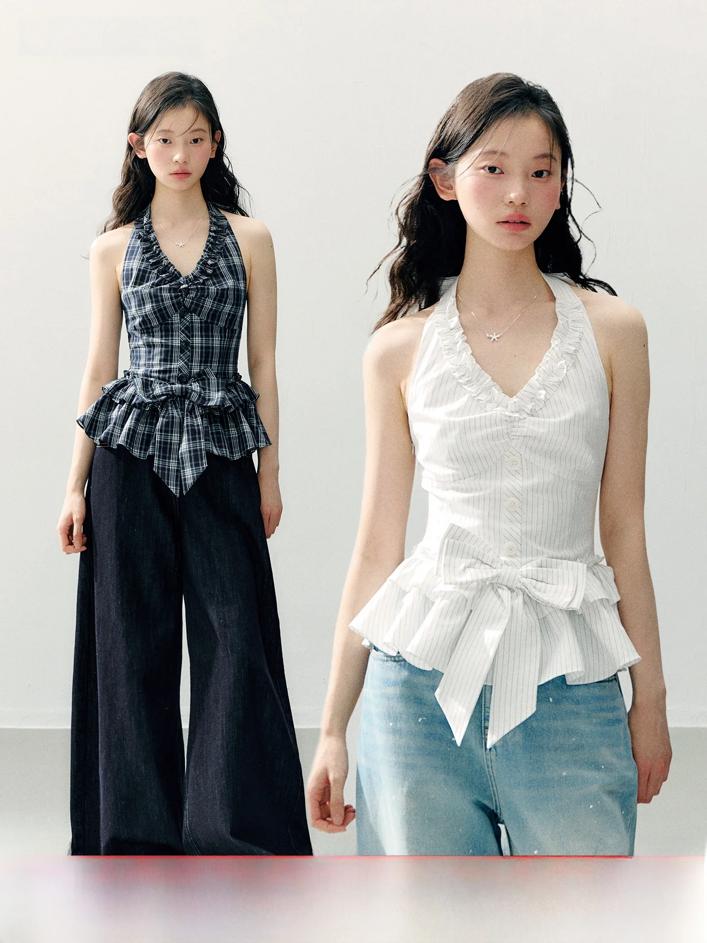 

Annatto Summer Original Plaid Knot Ne Hanging Waist in Wide Leg Jeans Set Women's Faionable Two-Piece Suit