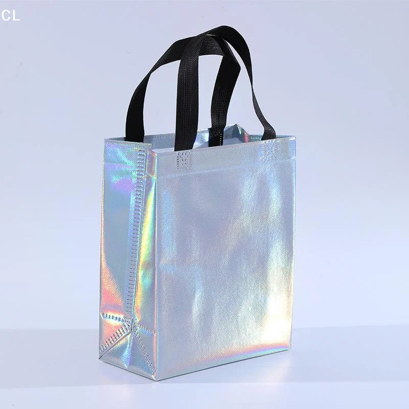 Iridescent Holographic Gift Bags With Handles Non-Woven Shopping Bags Portable Rainbow Color Party Favor Bags Christmas