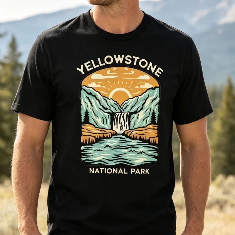 Yellowstone National Park T‑Shirt Vintage Waterfall Mountain Sunset Print Tee Men Women Outdoor Hiking Nature Souvenir Apparel