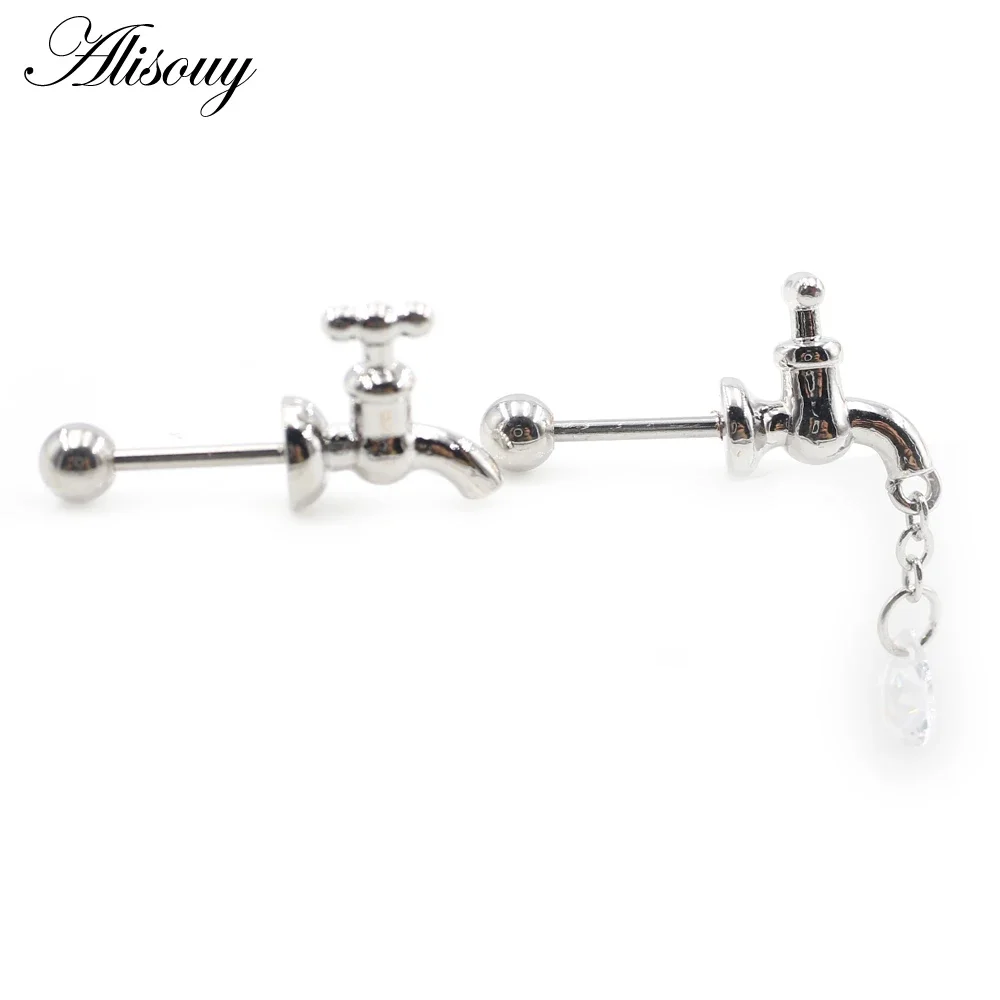 Alisouy 2PC Water Drop Zircon Stainless Steel Tap Stopcock Women Men Ear Stud Earrings Cartilage Tragus Helix Pierceing Jewelry