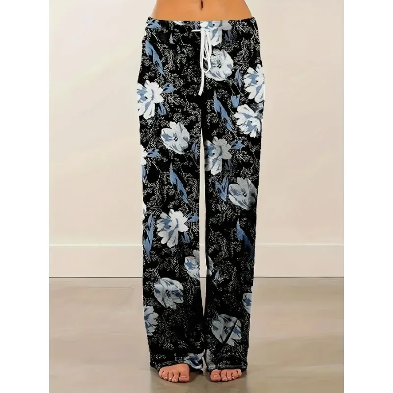 

Plus Size 1XL-5XL New Women's Fashionable Mid Waist Drawstring Long Printed Loose Straight Leg Pants