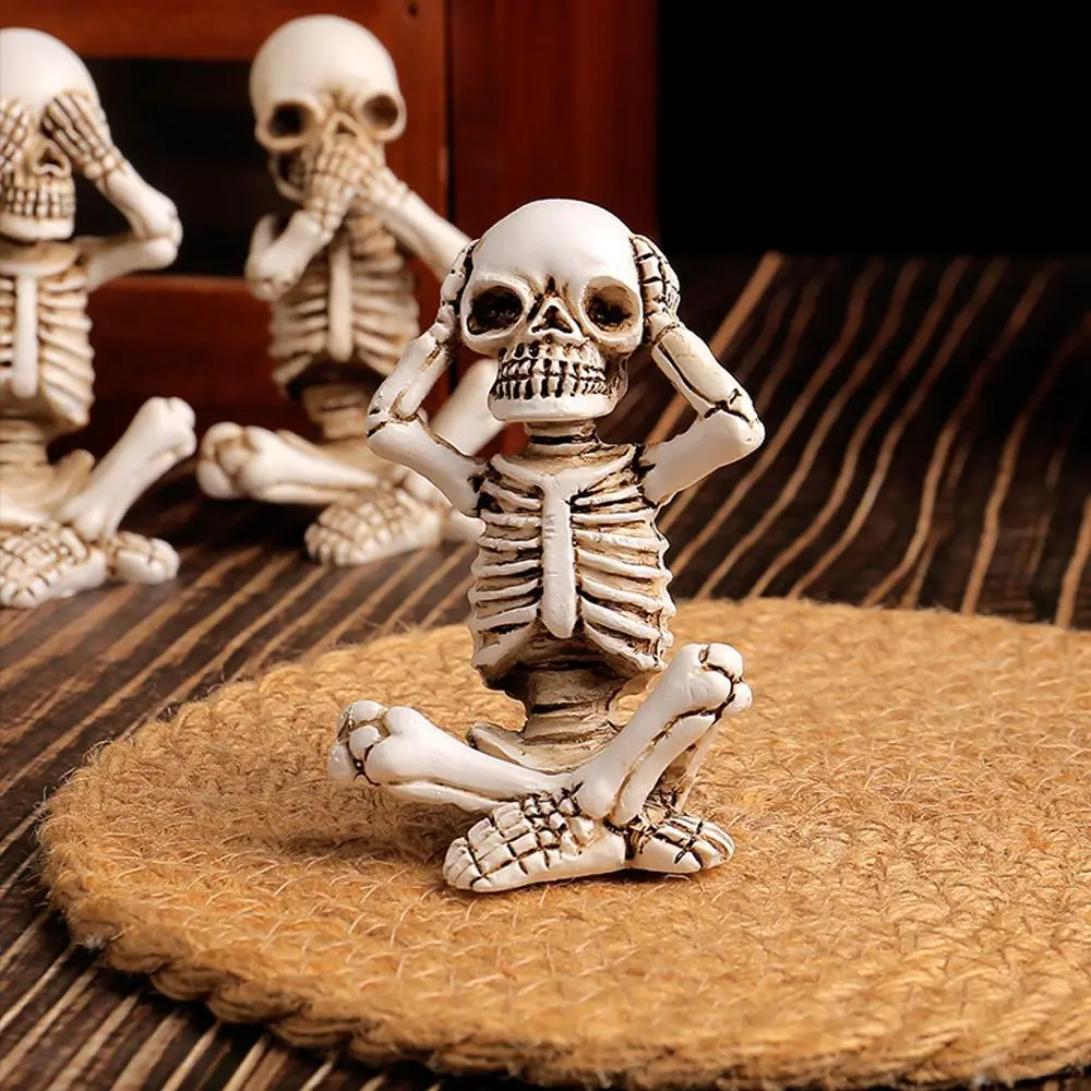 3pcs Scary Halloween Skull Sculpture Resin Funny Sitting Skeleton Statue Don't Listen Don't Look Don't Speak Exquisite