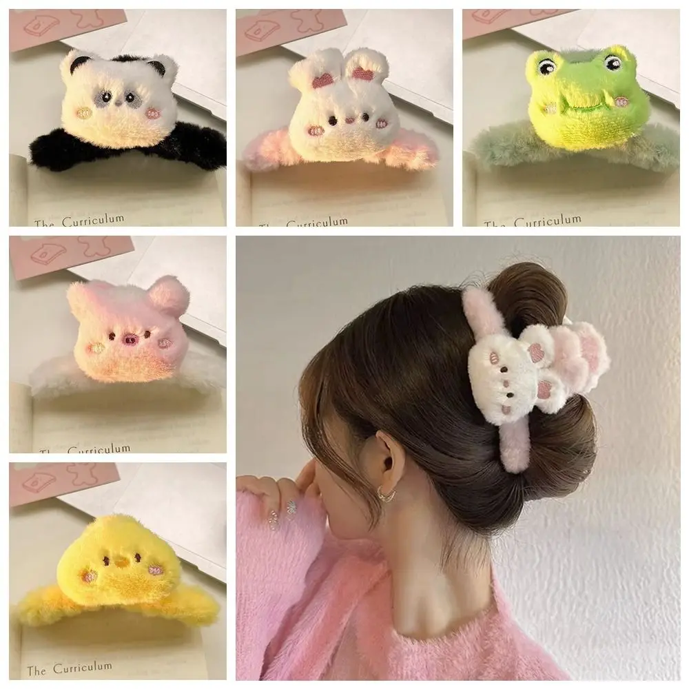 Cartoon Winter Cute Panda Plush Hair Claw Acrylic Animal Shark Clip Cross Hair Clips Rabbit Frog Doll Toy Children Headwaer