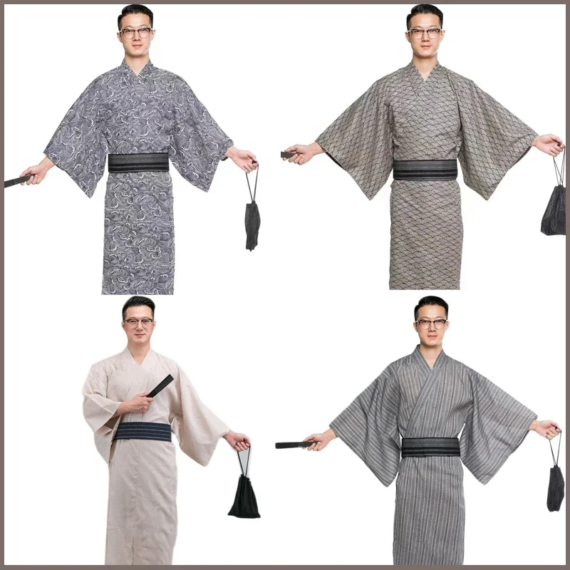 2023NEW Japanese Traditional Samurai Kimono For Man Retro Yukata Bathing Robe Hekoobi Loose Sauna Wear Homewear Belt Long Gown X