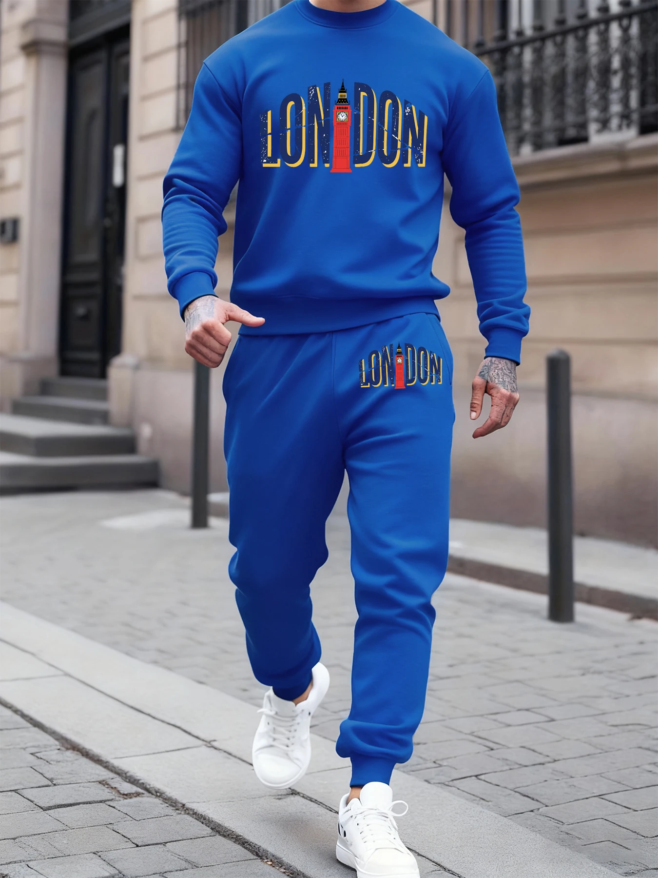 London Big Ben Print Men Winter Comfy Jogging Sweatshirt Set Fleece Sweatpants Street All-Match Pants Loose Fashion Tracksuit