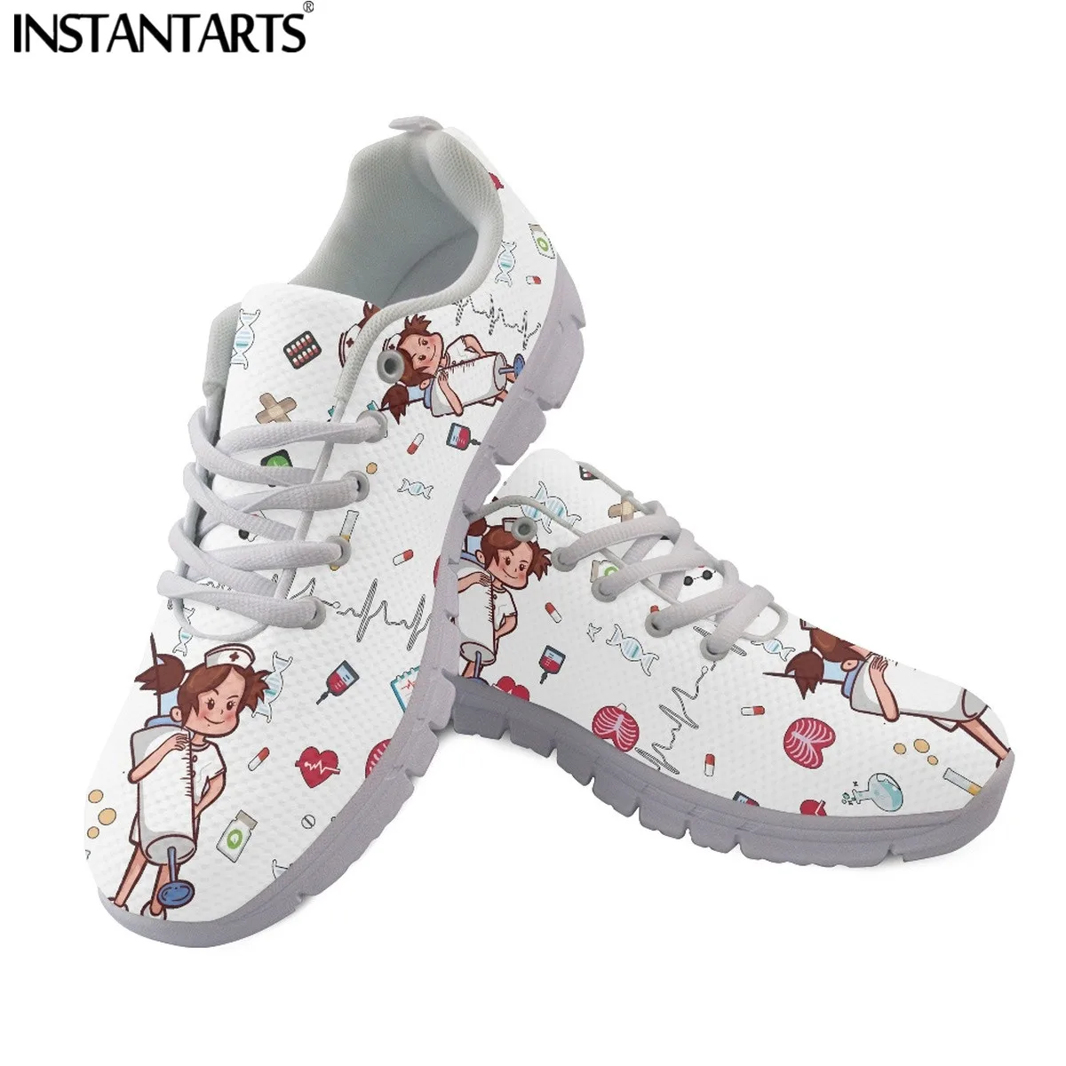 INSTANTARTS Women Lace Up Nurse Shoes Syringe Medical Heartbeat Pattern Female Casual Mesh Flats Sneaker Girls Zapatillas Mujer