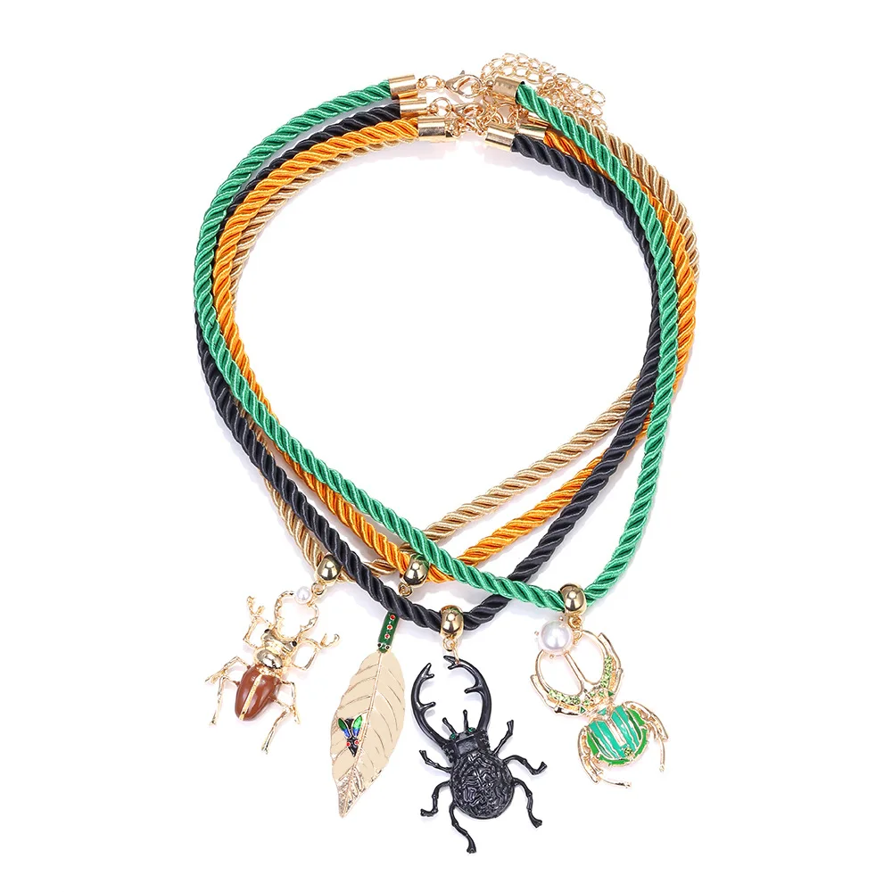 Fashion design sense stacking wearing colorful beetle leaf pendant set necklace creative multi-layer rope insect element item