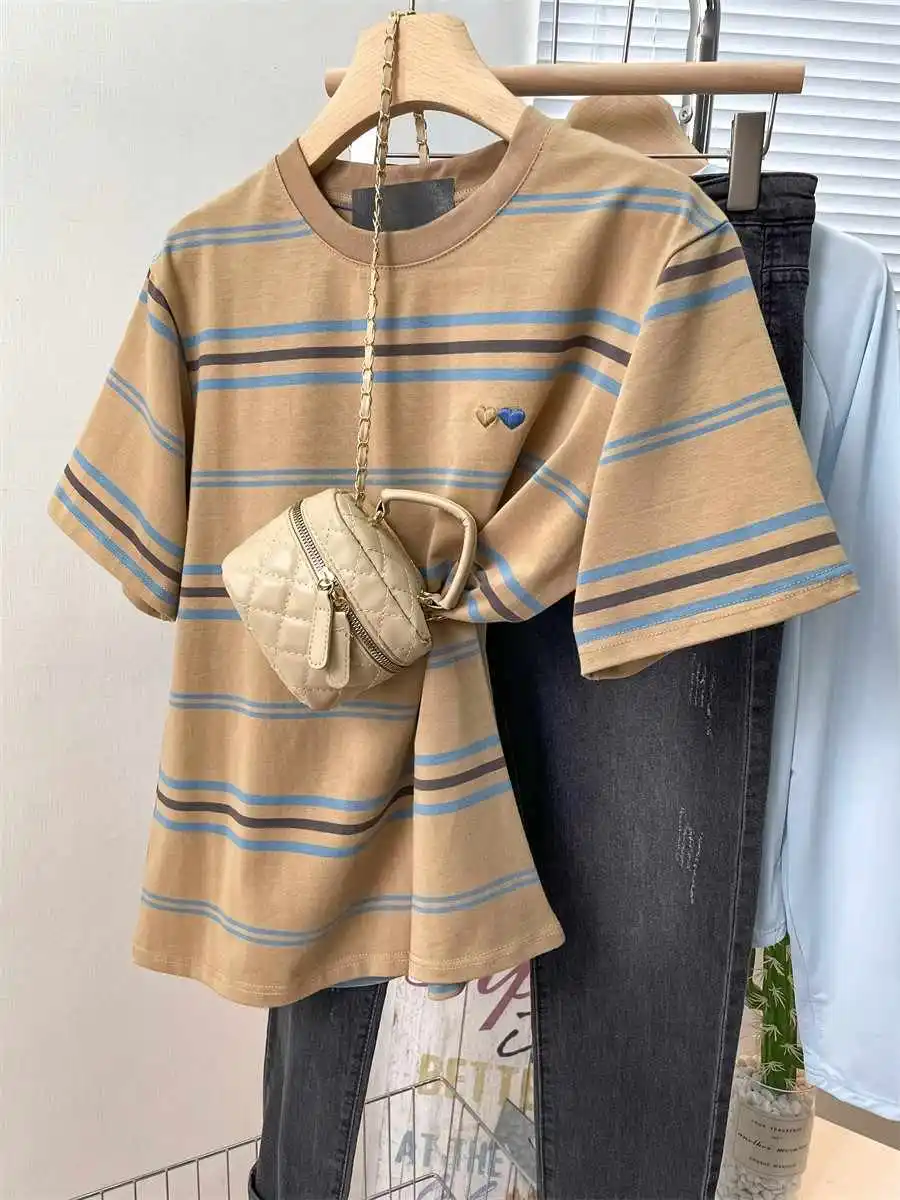 Korean Summer Striped T-shirt Women Round Neck Embroidered Short Sleeved Top Female New Casual Loose Retro Tees