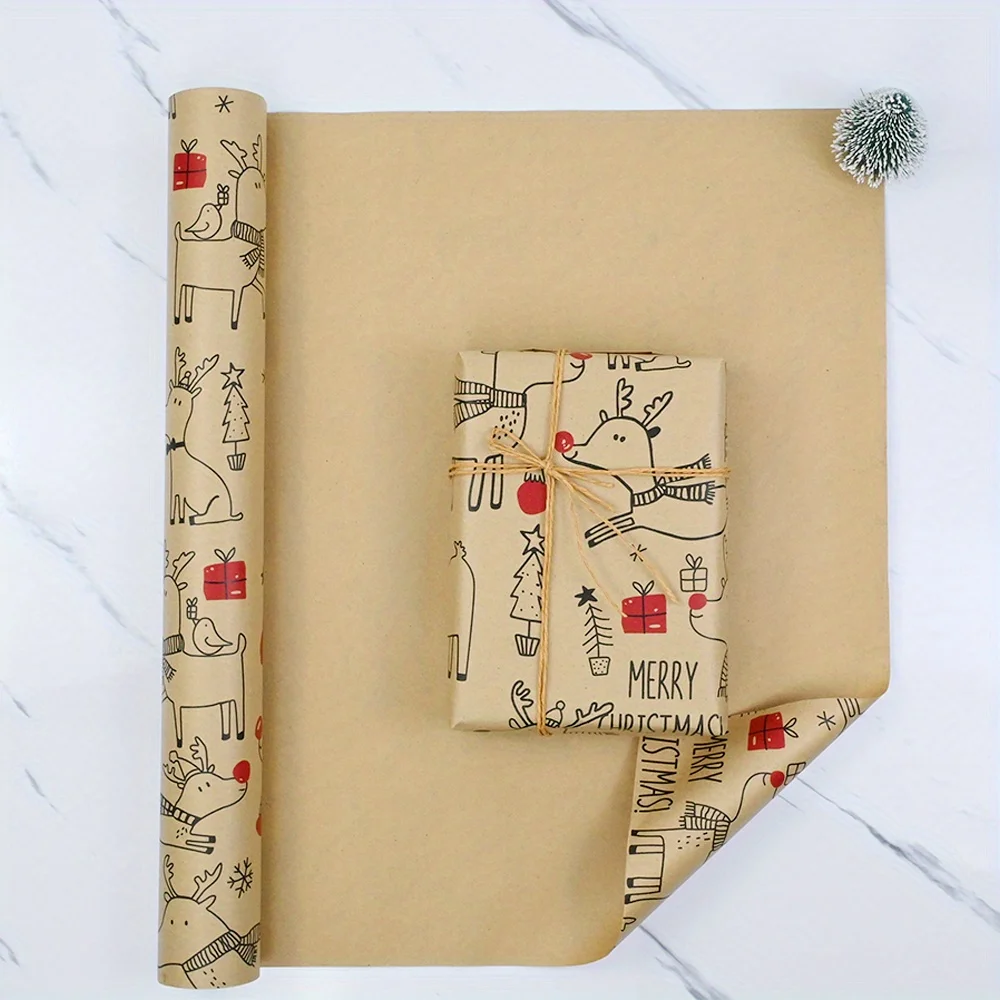 1 Roll Christmas Wrapping Paper Cute Deer Design Beige Red 43.18cm x 3m Gift Wrap for Holiday Birthday Presents Party Decor